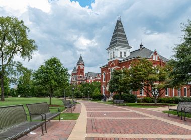 Auburn, Alabama/USA- July 7, 2019: A scenic view looking down the walkway leading to Hargis Hall on the campus of Auburn University in the summer time.