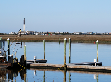 Oak Island, North Carolina docks with a view of town