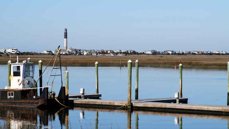 Oak Island, North Carolina docks with a view of town