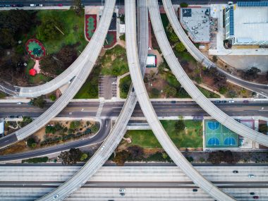 Aerial view of the San Diego interstate in the morning.
