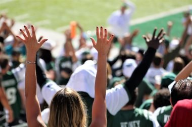 Cheering fans with their hands up in the stands of a football game.