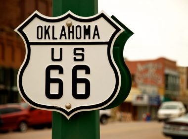 A highway sign for Route 66 through Oklahoma in the town of Chandler, OK.