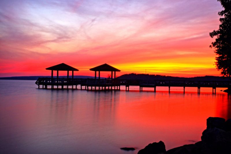 Docks at sunset over Lake Dardanelle in Arkansas (AR).