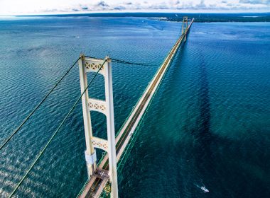 Aerial view of the Mackinac Bridge through the straights connectiong the upper and lower peninsulas of Michigan.