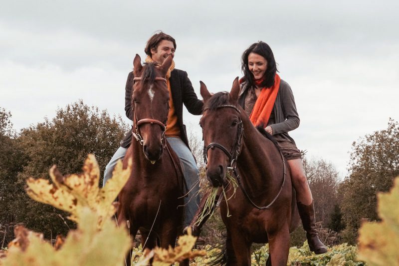 Two people horseback riding in the fall on brown horses.