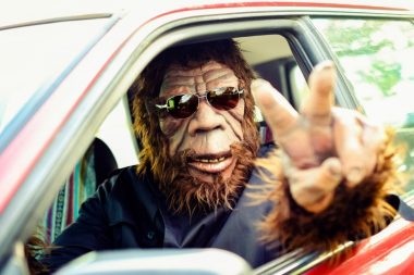 Bigfoot takes a road trip and gives the peace sign out a car window.