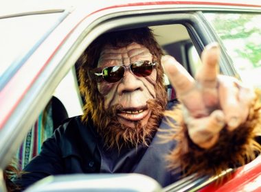 Bigfoot takes a road trip and gives the peace sign out a car window.