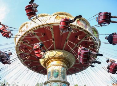 Looking up as people ride the Wave Carousel in Branson, Missouri.