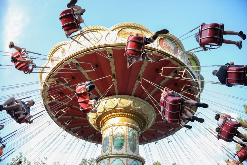 Looking up as people ride the Wave Carousel in Branson, Missouri.