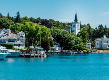 Sainte Anne's church by the harbor of Mackinac Island