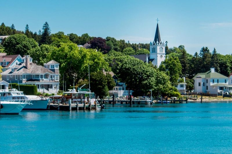 Sainte Anne's church by the harbor of Mackinac Island