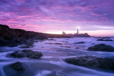 Pigeon Point Lighthouse south of San Francisco at dusk.