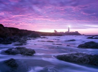Pigeon Point Lighthouse south of San Francisco at dusk.