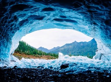 Looking from the inside of an ice cave in Washington.