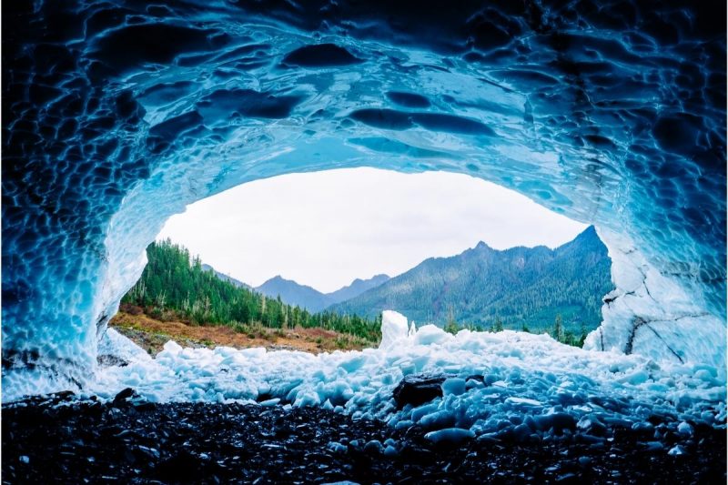 Looking from the inside of an ice cave in Washington.