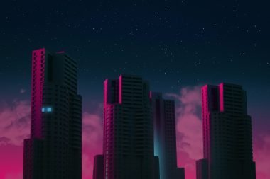 A futuristic city scape at night lit up with magenta lights.
