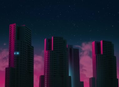 A futuristic city scape at night lit up with magenta lights.