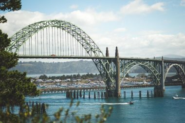 The Interstate Bridge between Washington and Oregon with Hayden Island behind it in the Columbia River.