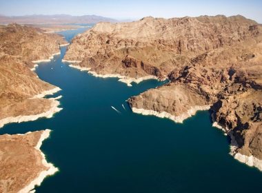Aerial view of Lake Mead carving into the surrounding desert rocks