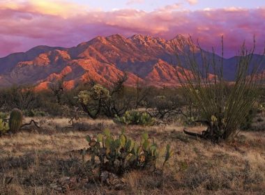 Sunset over the red Santa Rita Mountains and valleys filled with cacti.