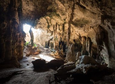 An underground cave with light filtering in from the mouth has stalactite and stalagmite on the ceiling and ground.