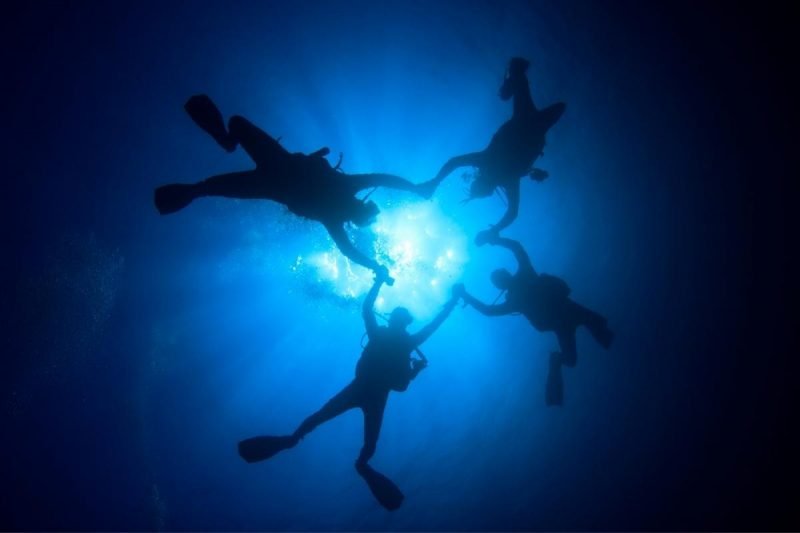 From below, four scuba divers hold hands to create a clover shape in the water as they dive.