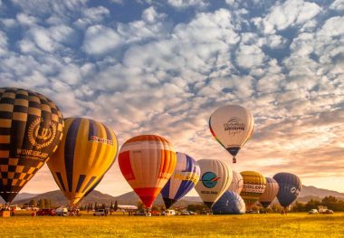 A row of hot air balloons lined up for a morning flight at the Albuquerque Balloon Fiesta.
