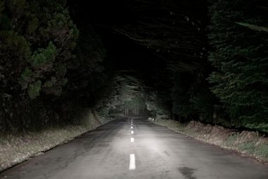 Headlights illuminate a dark old country road with a sharp curve up ahead into the woods.