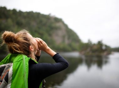 Girl yelling out over Echo Lake, NH