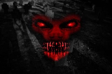 A portrait of an evil monster with red eyes and fangs overlayed on a dark cemetery photograph.