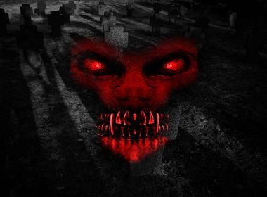 A portrait of an evil monster with red eyes and fangs overlayed on a dark cemetery photograph.