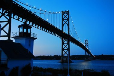 Mount Hope Bridge at dusk in Rhode Island.