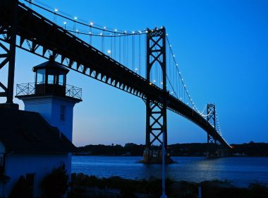 Mount Hope Bridge at dusk in Rhode Island.
