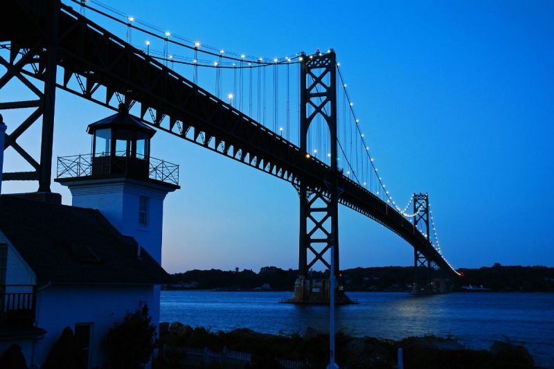 Mount Hope Bridge at dusk in Rhode Island.