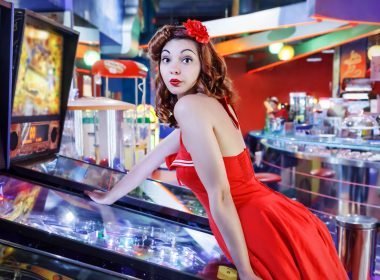 Woman playing pinball in Timeline Arcade in PA