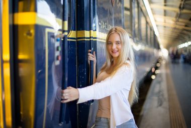 Teenager boarding the Wilmington Western Railroad in Delaware