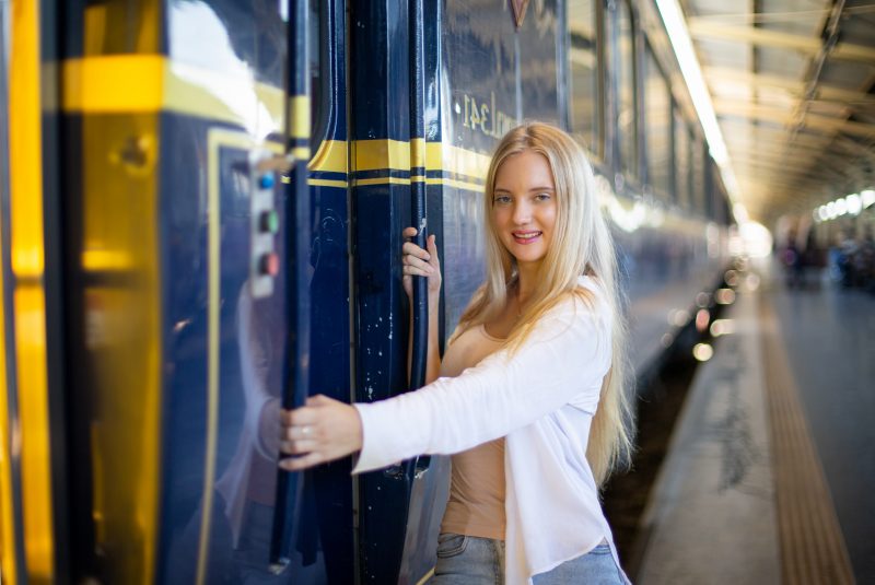Teenager boarding the Wilmington Western Railroad in Delaware
